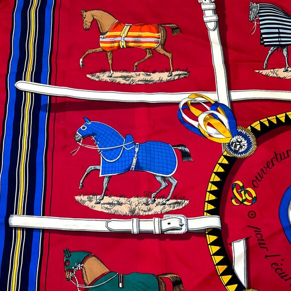 Hermès Scarf Red Couvertures Tenues Jour Horse Equestrian 100% Silk - Picture 5 of 13